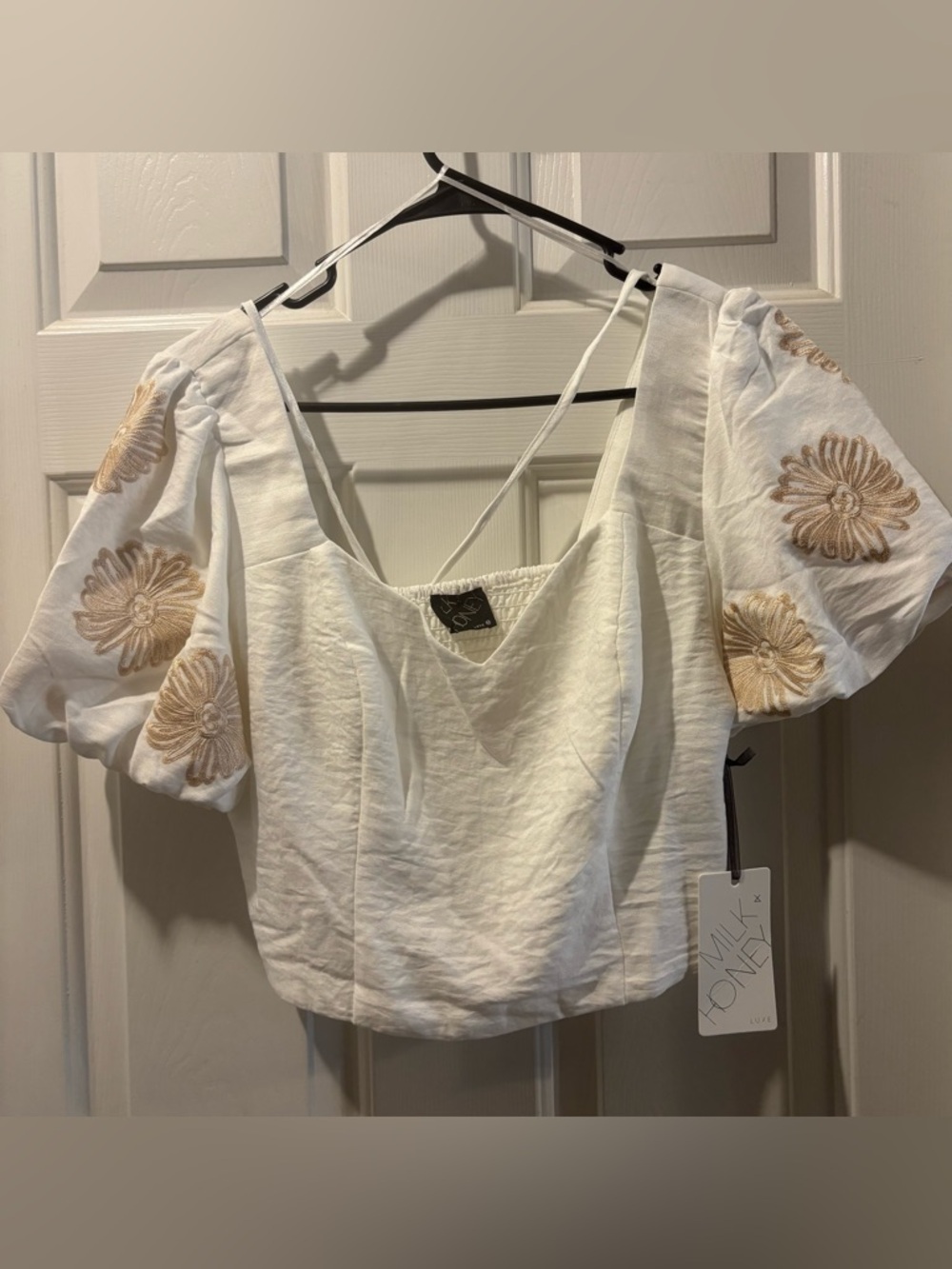 Milk and Honey White Puff-Sleeve Embroidered Crop Top- SM/M/& LG available